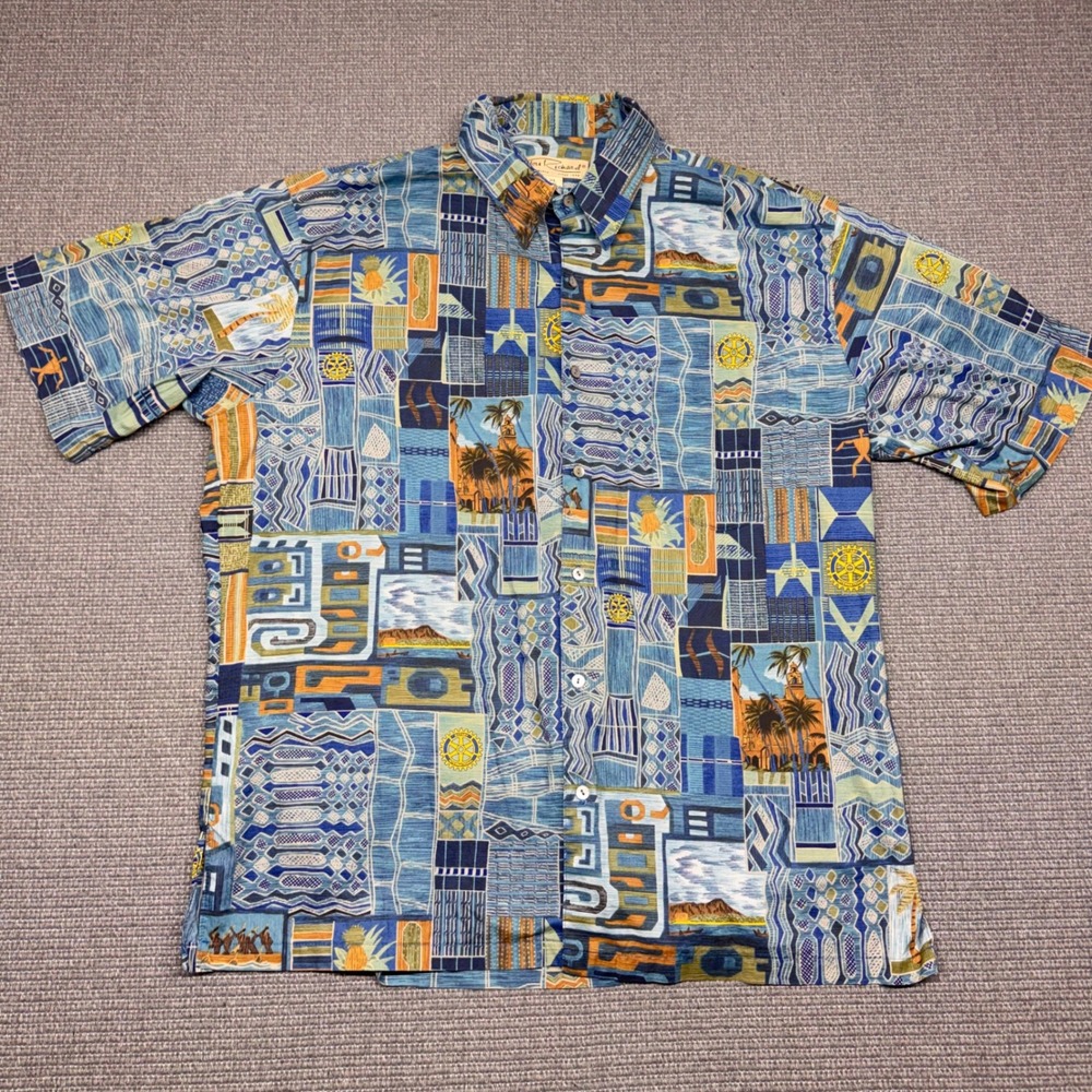 Tori Richard Honolulu Mens XL Blue Cotton Lawn Patchwork Rotaryβ Aloha Shirt